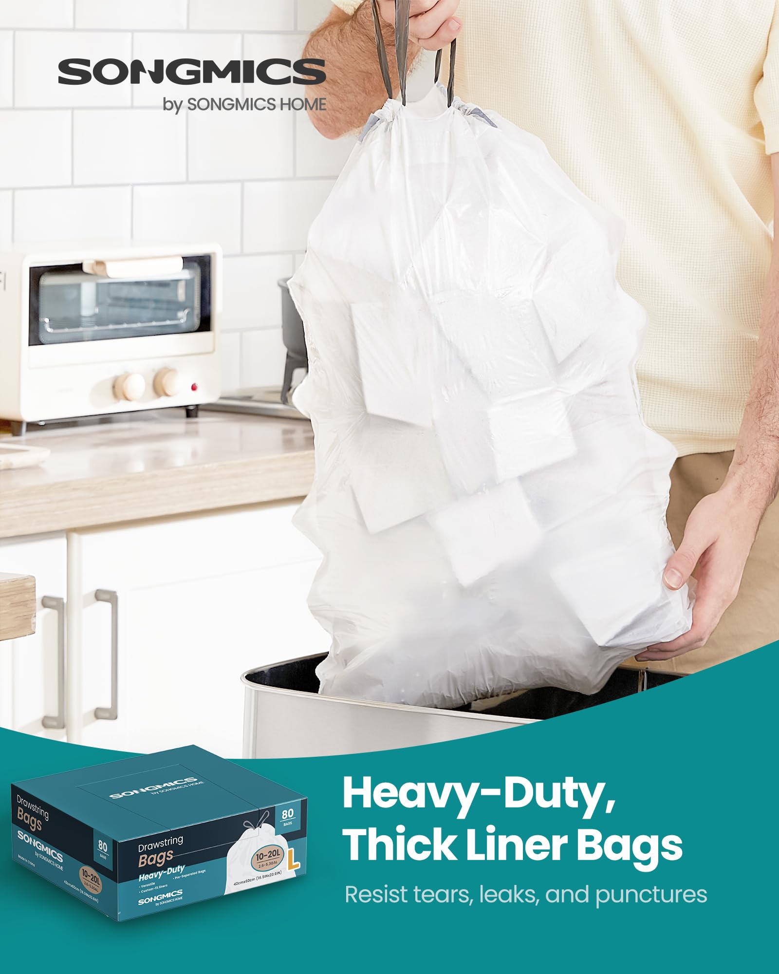 SONGMICS Trash Bags for 8-Gallon (30 L) Trash Cans, Drawstring Kitchen Garbage Bags, Pre-Separated, Liner Code 30A, 2 Rolls, 90 Count, White UKRB30A02