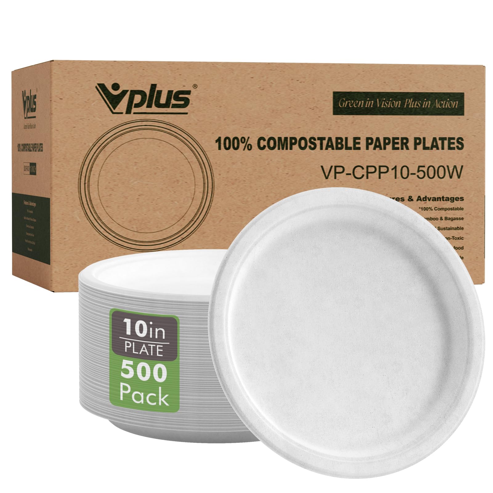 Vplus 500 Pack Paper Plates 9 inch 100% Compostable, Heavy-Duty Disposable Paper Plates Bagasse Natural Biodegradable Eco-Friendly Sugarcane（White）