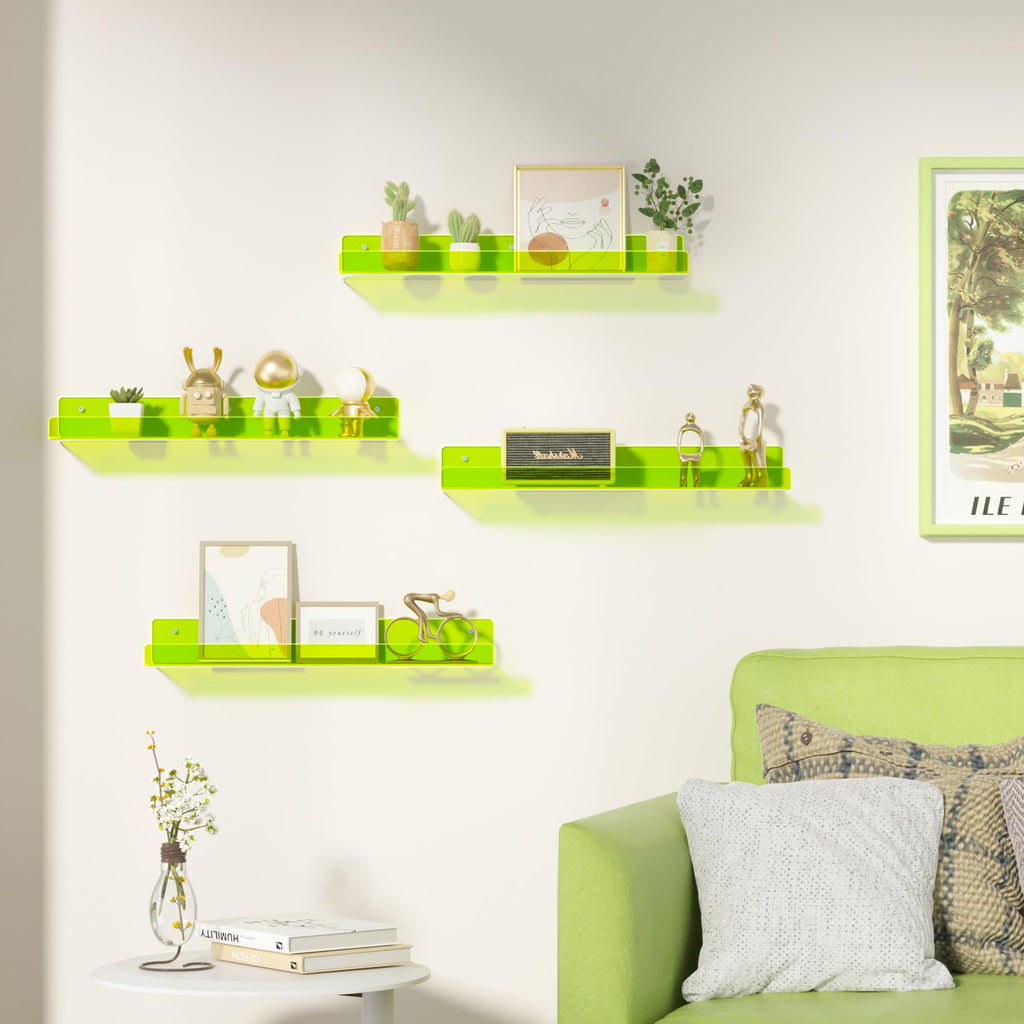 upsimples Acrylic Shelves for Bathroom Storage, 15" Floating Shelves Wall Organizer for Perfume, Make up, Skincare, Kids Bookshelf for Bedroom, Nursery, Living Room Decor, Clear, 4 Pack