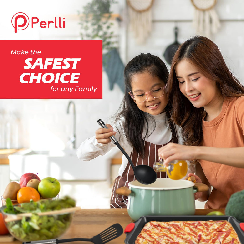 PERLLI Non-Stick 6-Piece Baking Pan Set, BPA-Free Carbon Steel Bakeware Set with Silicone Handles, Stackable Kitchen Oven Set, Cookie Sheet, Baking Tray, Baking Sheet Set, Oven Safe (446°F)