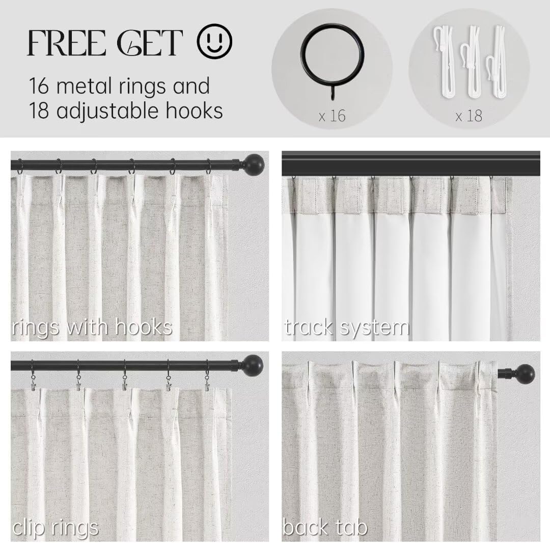 Extral Wide Curtains, Pinch Pleated 100% Blackout Linen Drapery Panels with Hooks, Pinch Pleat Drapes for Patio Sliding Door Large Window Living Room Track, 72" Wx96 L 2 Panel