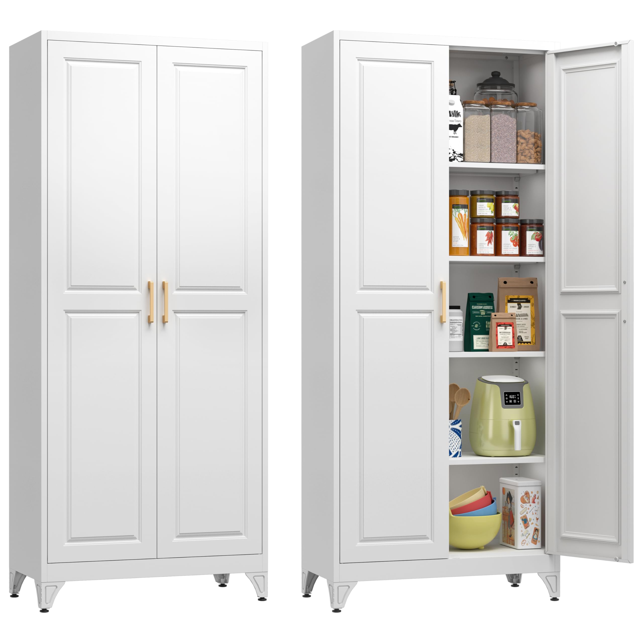 Polup White Kitchen Pantry Cabinet, 71 Inch Tall Metal Storage Cabinet with Doors and Shelves, Pantry Cabinets for Kitchen Storage, Freestanding Cupboard for Living, Dining Room, Assemble Required