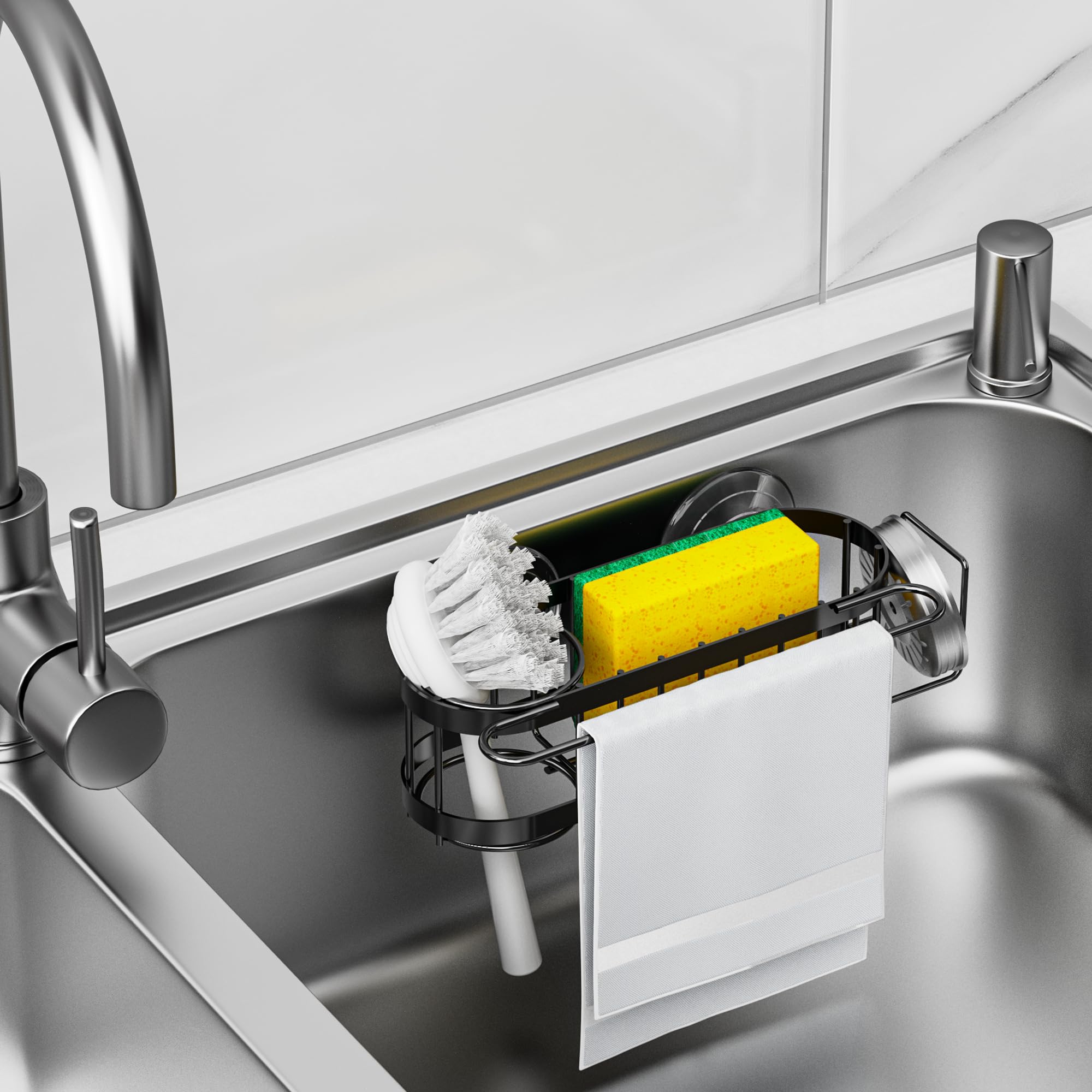 Cisily Organizador de Fregadero de Cocina con Soporte para Esponja en el Fregadero, Organizador de Fregadero de Cocina de Acero Inoxidable, Soporte para Cepillo, Percha para Paños de Platos, Soporte
