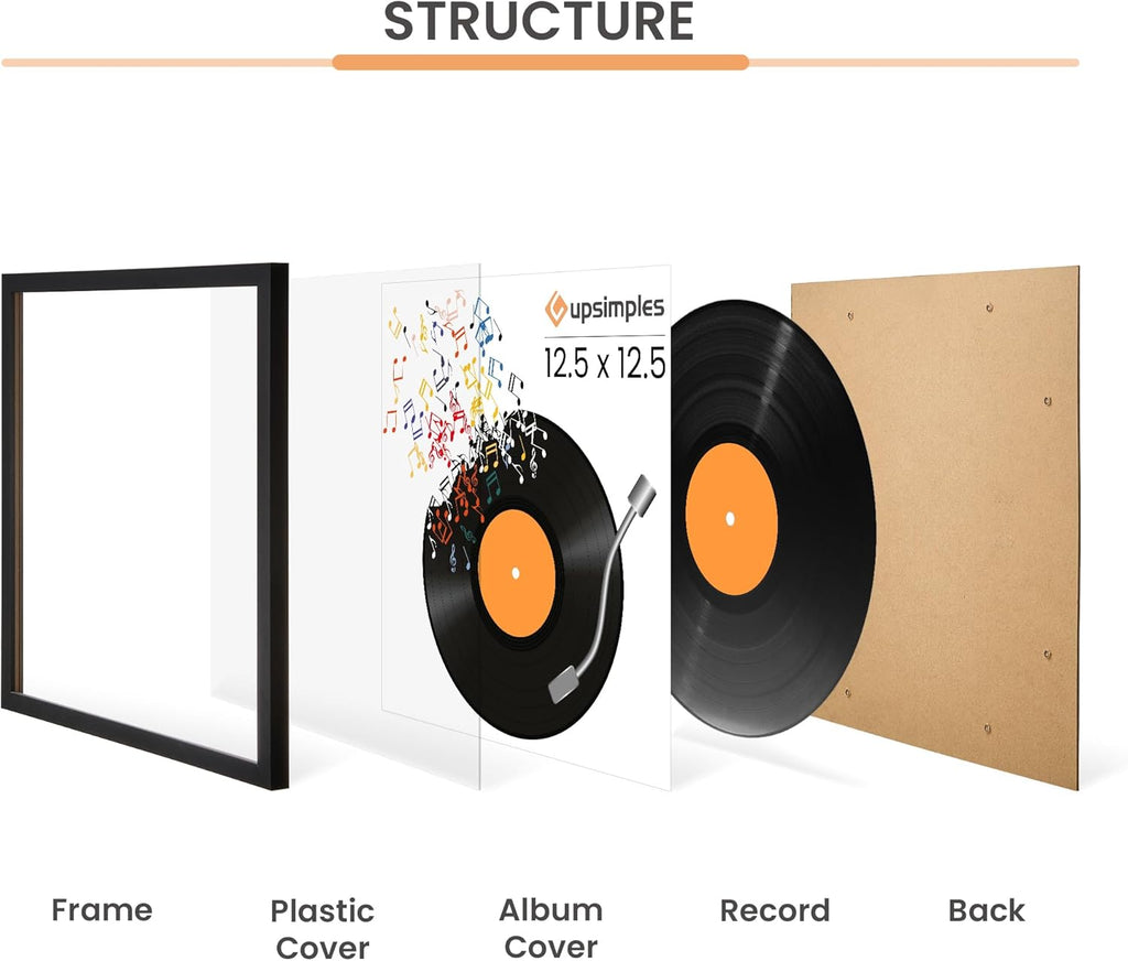 upsimples 12.5x12.5 Record Frame, Vinyl Frames for 12inch Album Cover, Wall Display for Home Decor, Black, 4 Pack