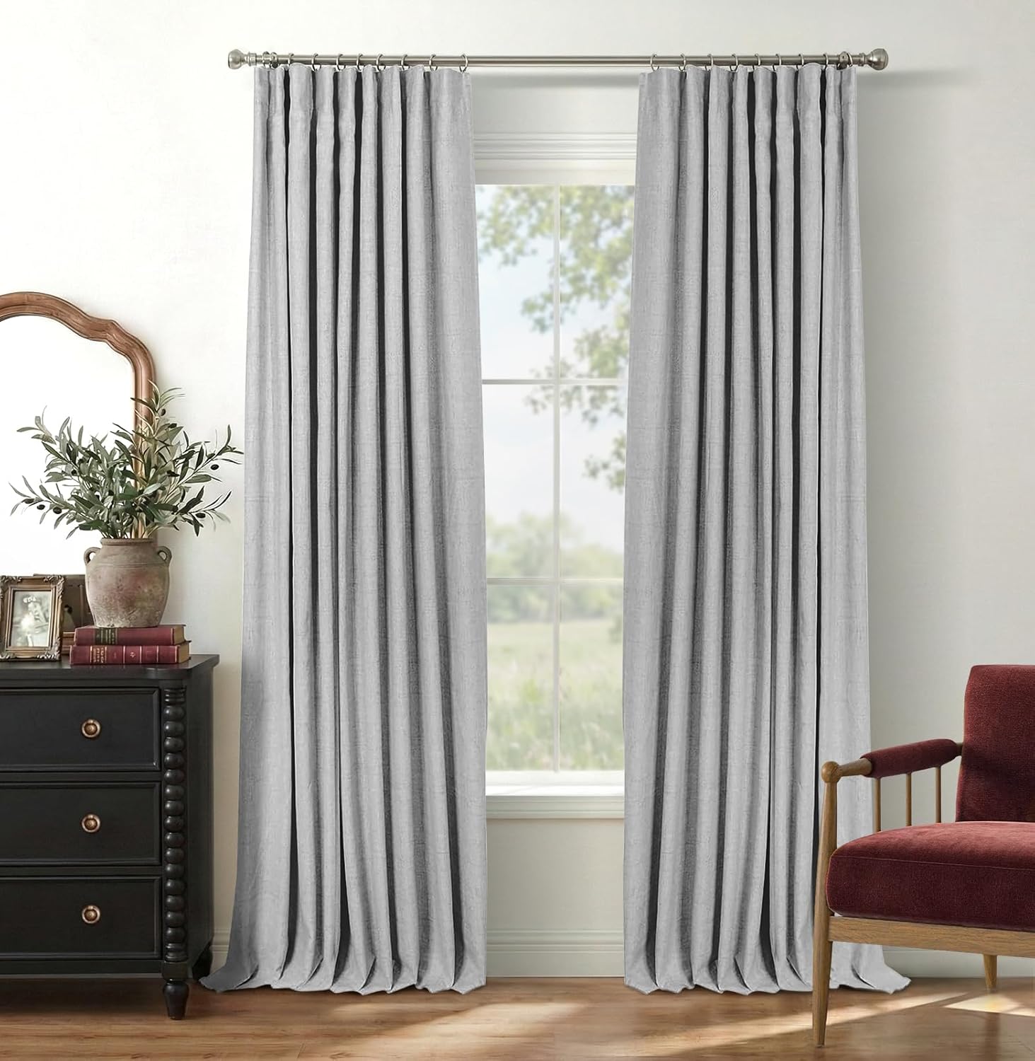 INOVADAY 100% Blackout Curtains for Bedroom, Black Out Curtains 84 Inch Long, Clip Rings Linen Blackout Drapes, Thermal Insulated Room Darkening for Living Room, 2 Panels - Beige,W50xL84