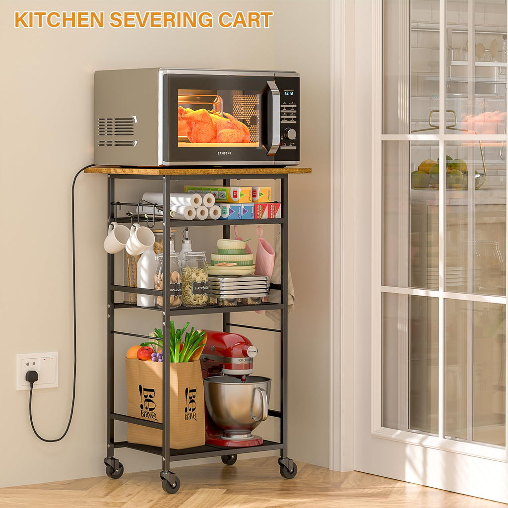 ThreeHio Rolling Kitchen Microwave Cart, 3 Tier Microwave Table Stand with Adjustable Shelf, Kitchen Storage Rack on Wheels, Coffee Station Cart Rack Shelf Organizer for Living Room Office, Balcony