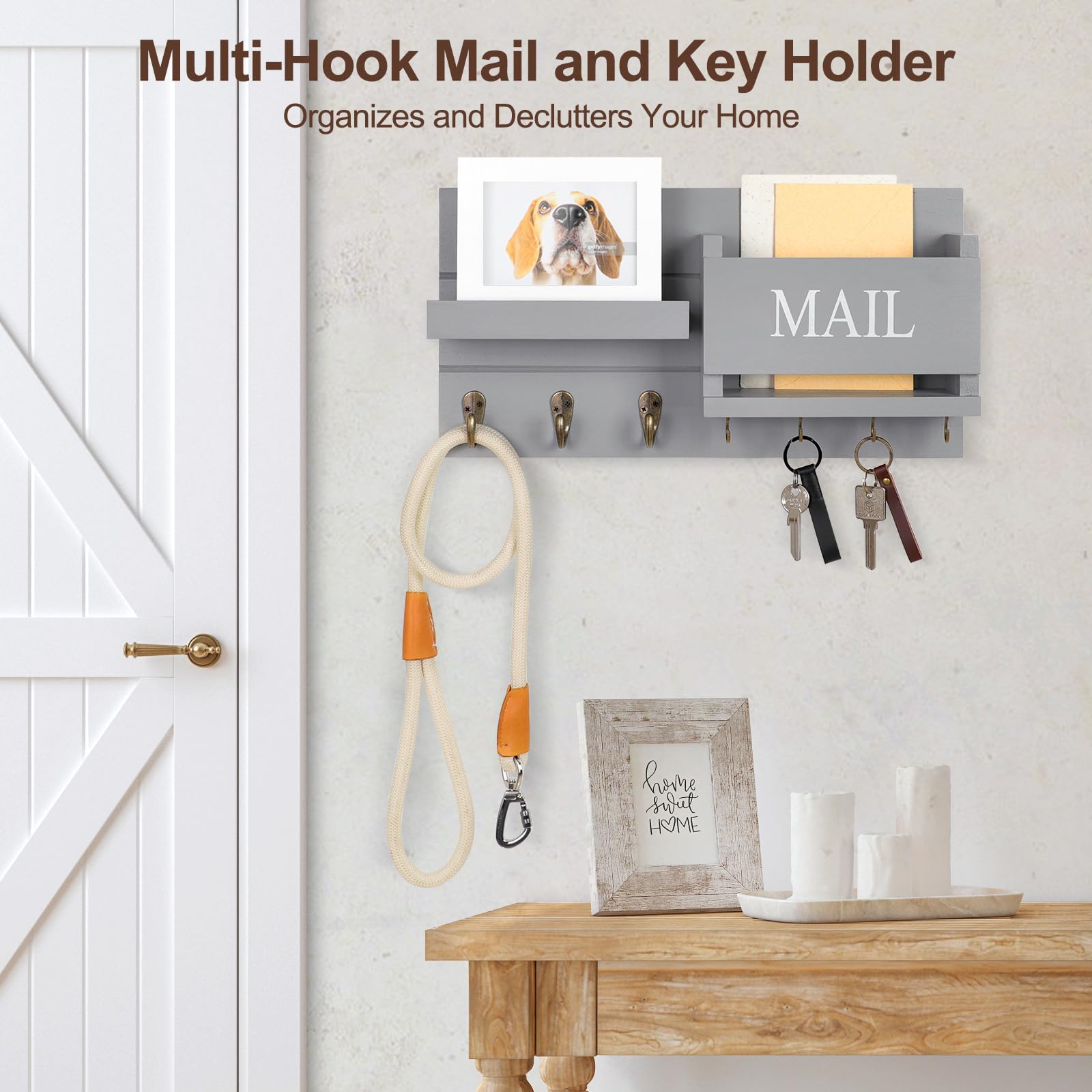 Mail Organizer for Wall Mount – Key Holder with Shelf Includes Letter Holder and Hooks for Hallway Farmhouse Decor – Rustic Wood with Flush Mounting Hardware (16.5” x 9.1” x 3.4”) (White)