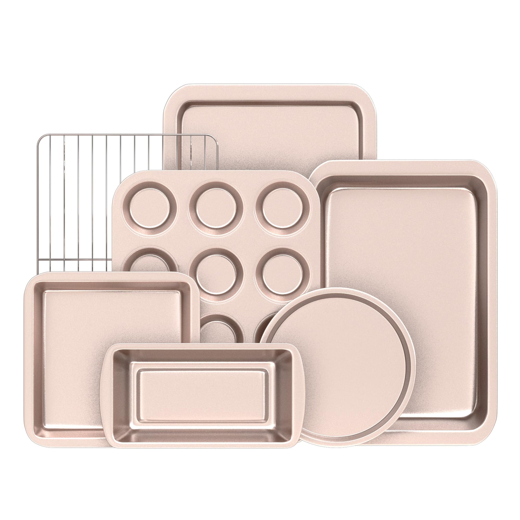 KITESSENSU Baking Pans Sets, Nonstick Bakeware Sets 7-Piece with Round/Square Cake Pan, Loaf Pan, Muffin Pan, Cookie Sheet, Roast Pan, Cooling Rack, Carbon Steel Bake Set