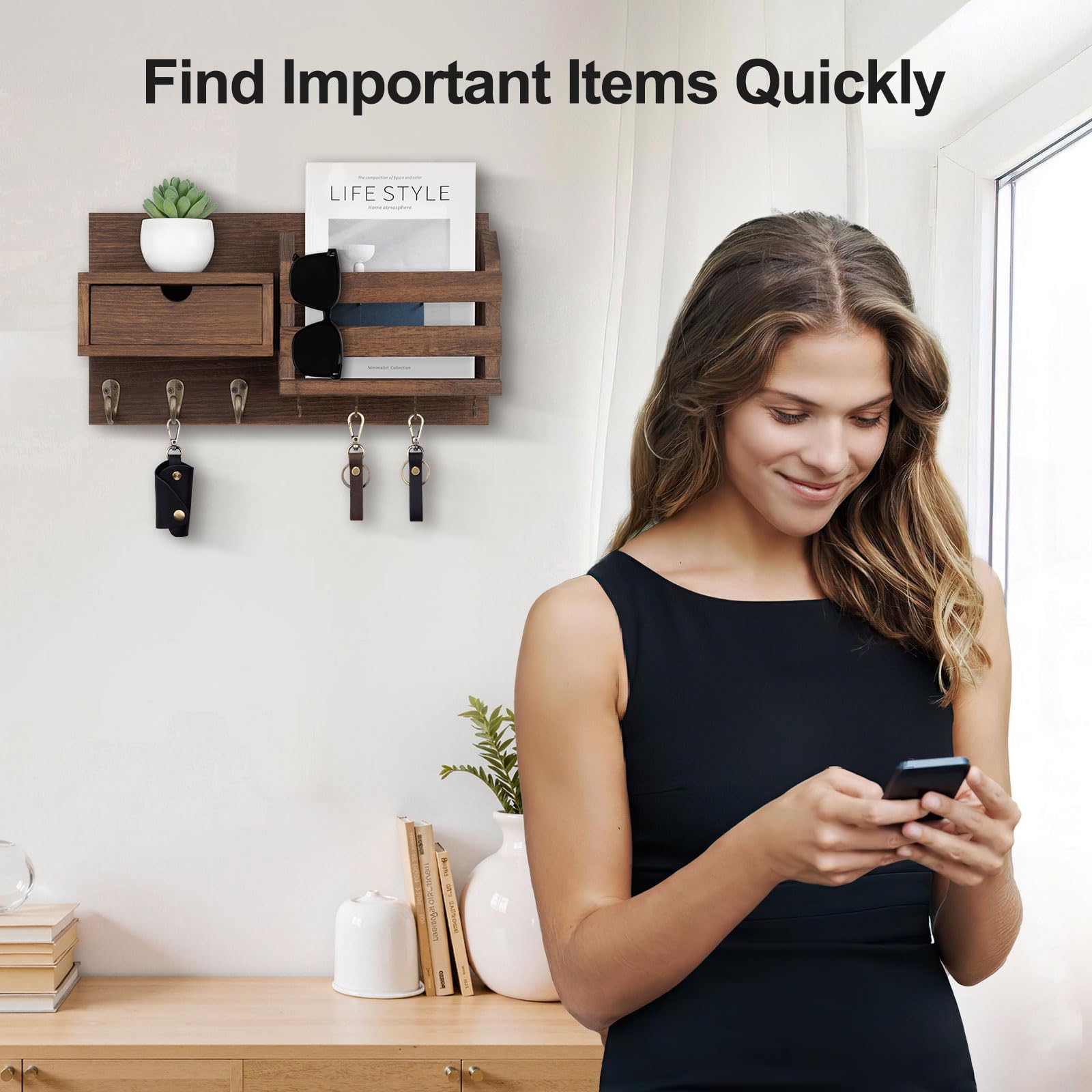 Wall Mount Key Holder with Mail Organizer, 100% Paulownia Wood, 7 Metal Hooks, Storage Drawer, Entryway Home Decor (Brown)