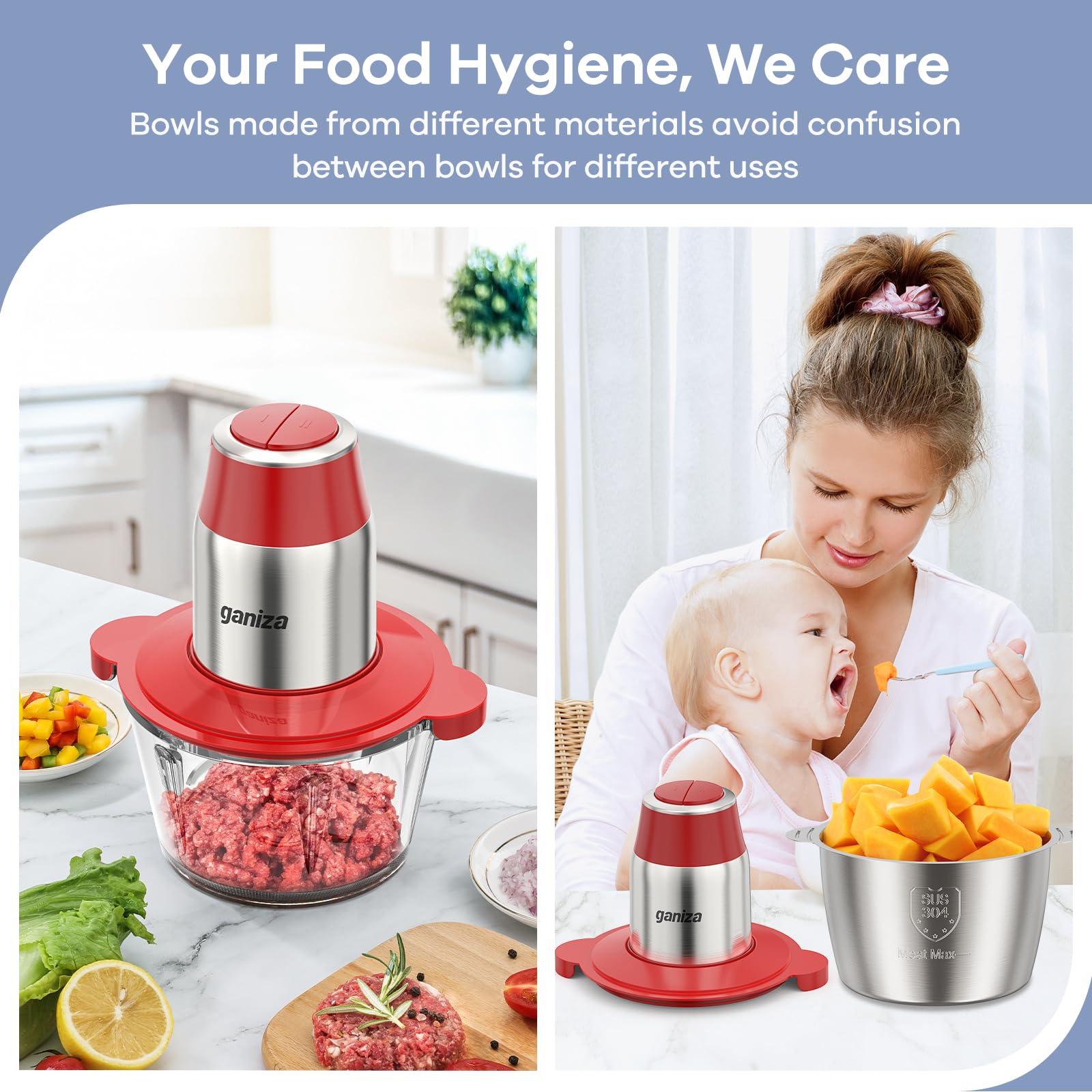 GANIZA Procesadores de alimentos, picadora eléctrica de alimentos con picadora de carne y picadora de verduras, 2 cuencos (8 tazas+8 tazas) con potente motor de cobre de 450 W, incluye 2 juegos de