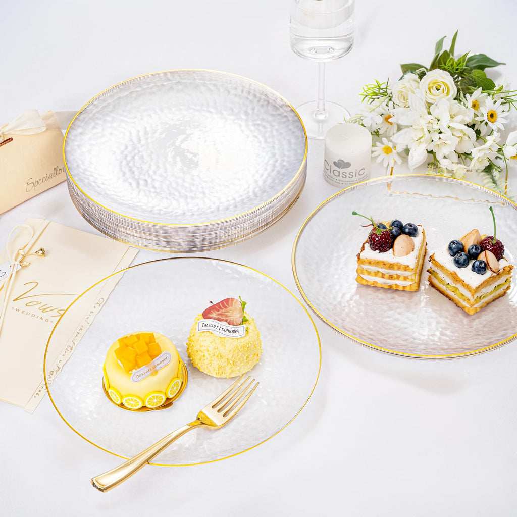 DaYammi 100 Pcs Clear Gold Plastic Plates, Hammered Party Plate, Fancy Plastic Plates Disposable Clear Disposable Dessert Platos, 7 Inch Heavy duty Plastic Dessert Platos for Party & Wedding