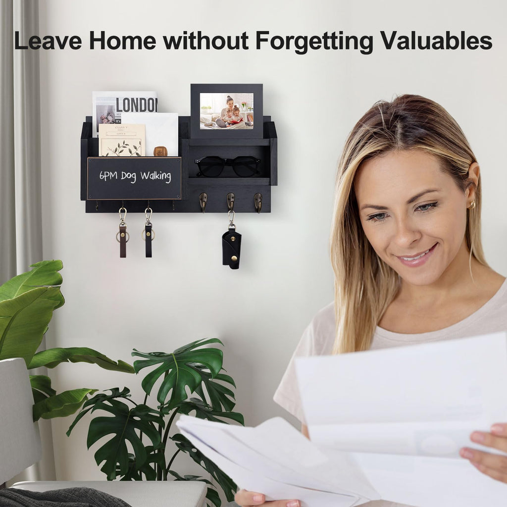 Mail and Key Holder – Wall Mount Key Hanger with Shelf and 7 Metal Hooks – Decorative Natural Paulownia Wood Entryway Organizer with Mounting Hardware (16.5”W x 8.7”H x 3.5”D) (Brown)