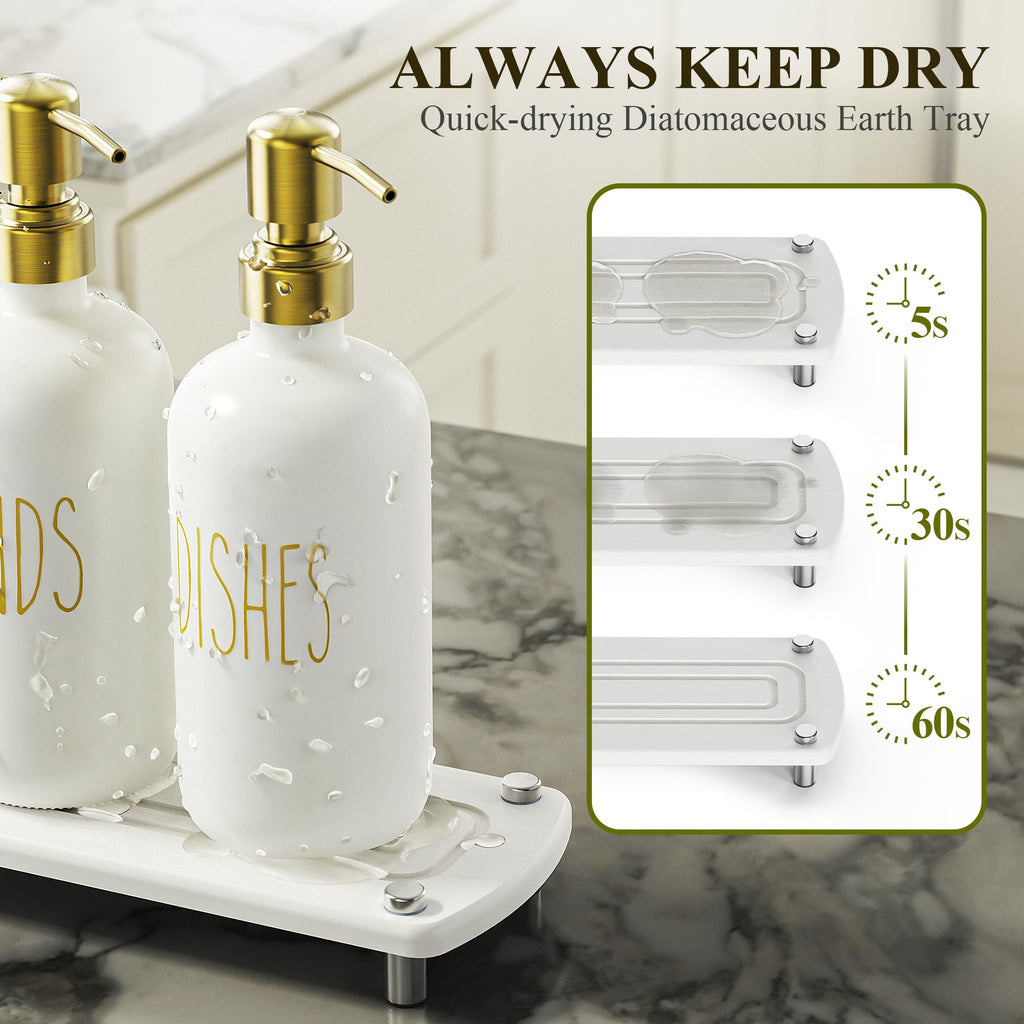 Cisily Kitchen Soap Dispenser Set Comes with Ceramics Sponge Holder, Gold Pumps, and Instant Dry Tray, Hand and Dish Soap Dispenser Set (4, Gold + White + Sponge Holder)