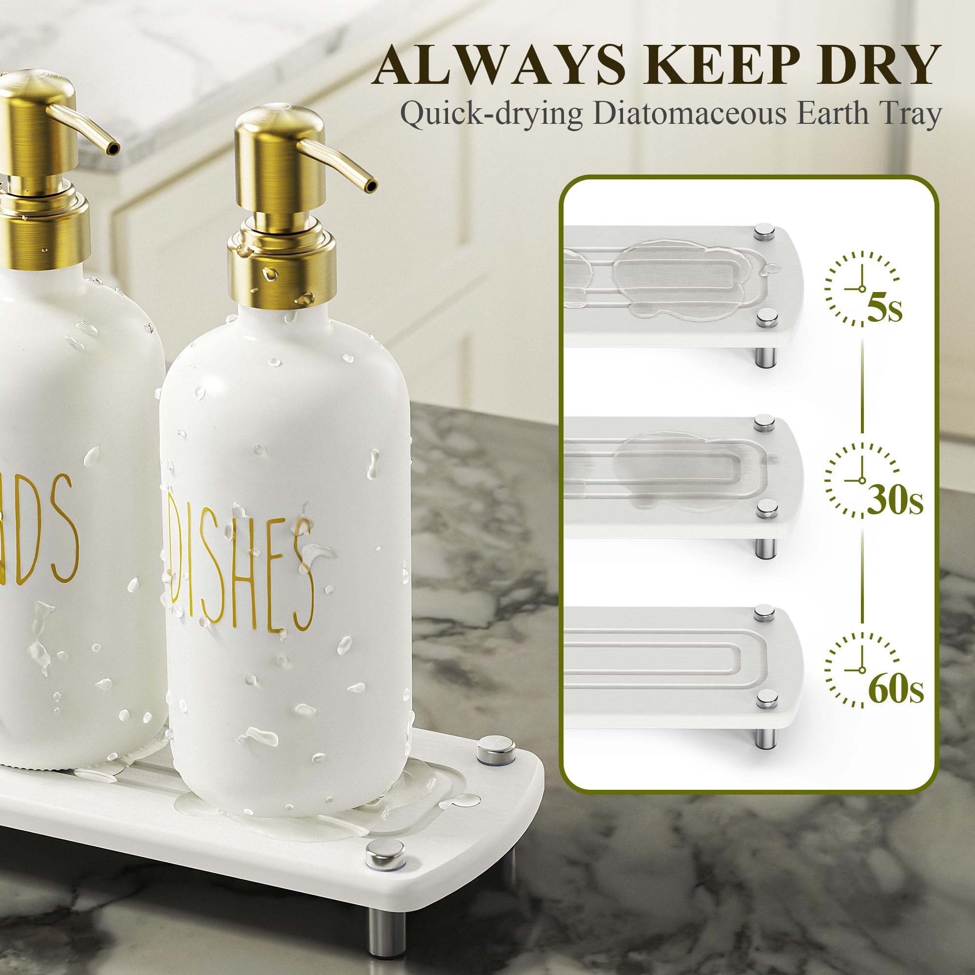 Cisily Kitchen Soap Dispenser Set Comes with Ceramics Sponge Holder, Gold Pumps, and Instant Dry Tray, Hand and Dish Soap Dispenser Set (4, Gold + White + Sponge Holder)
