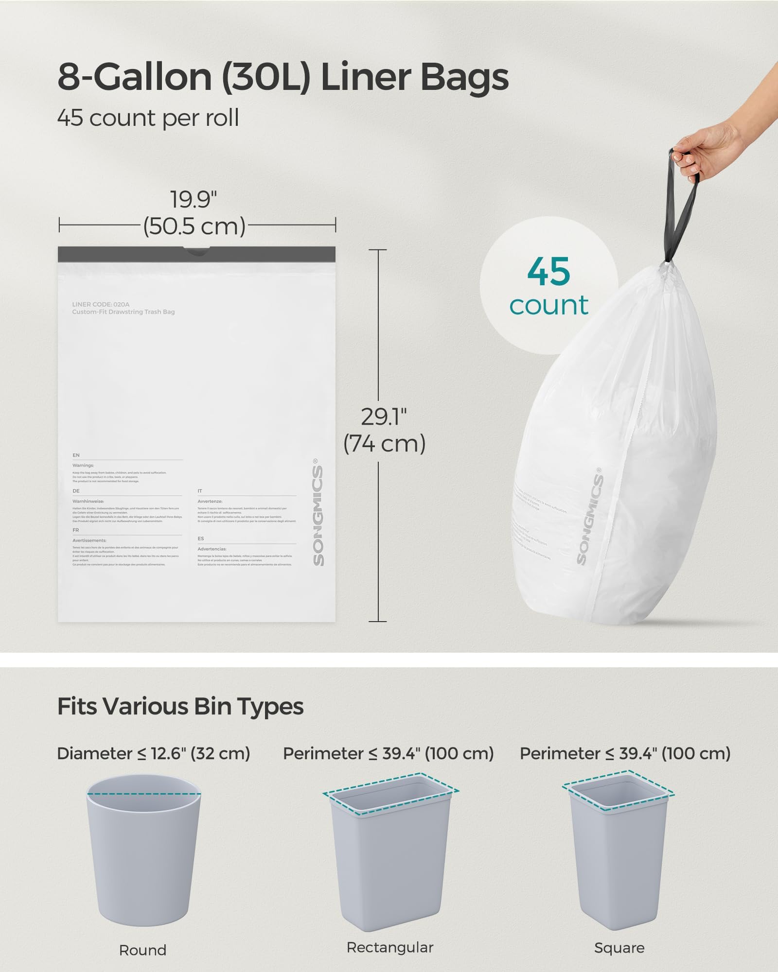 SONGMICS Trash Bags for 8-Gallon (30 L) Trash Cans, Drawstring Kitchen Garbage Bags, Pre-Separated, Liner Code 30A, 2 Rolls, 90 Count, White UKRB30A02