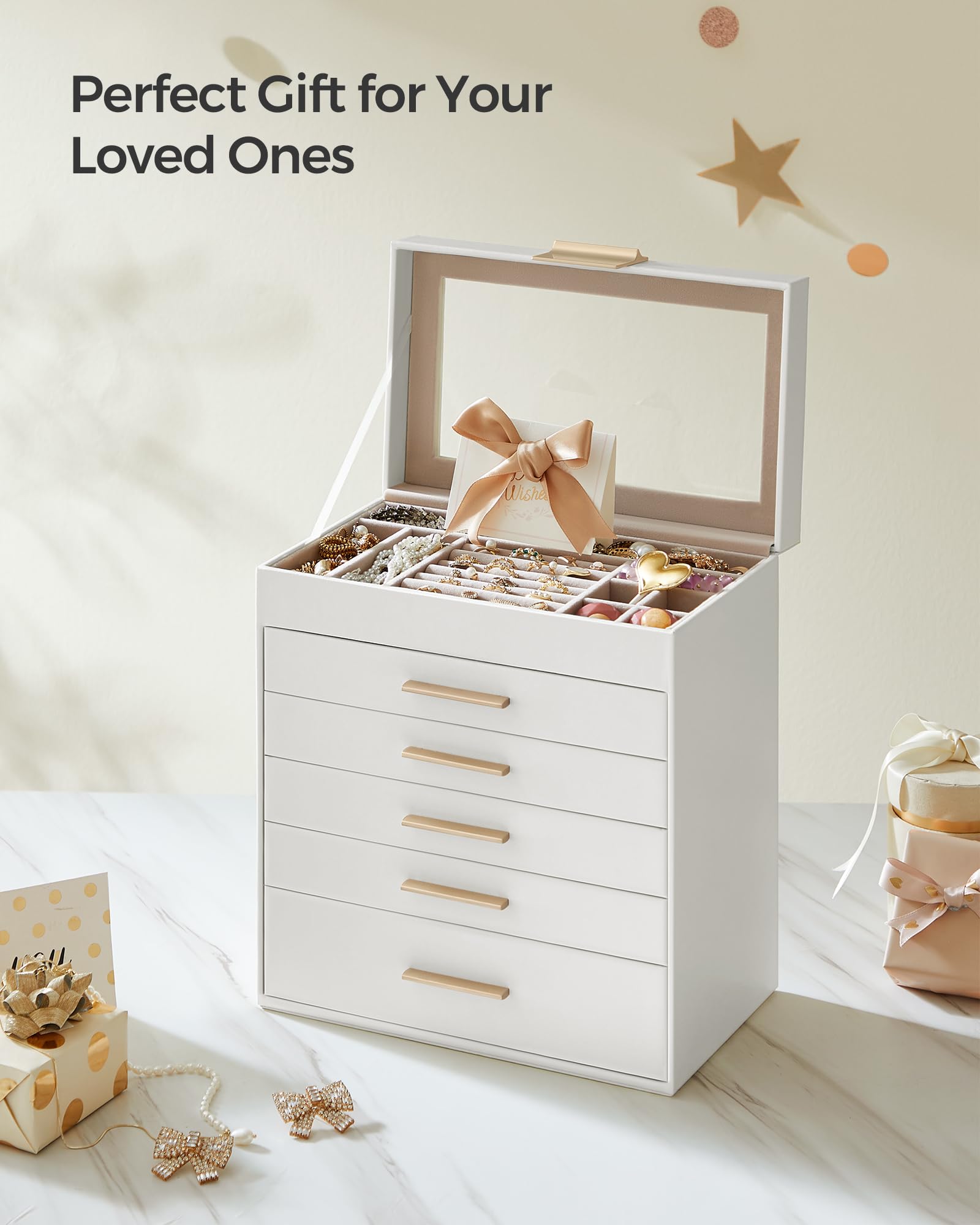SONGMICS GISELLA Collection - Jewelry Box Organizer, 3-Layer Jewelry Storage with 2 Drawers, Shiny Metal Hardware, Glass Lid, Modern, 8 x 9.1 x 5.3 Inches, Cloud White and Gold Color UJBC239WT
