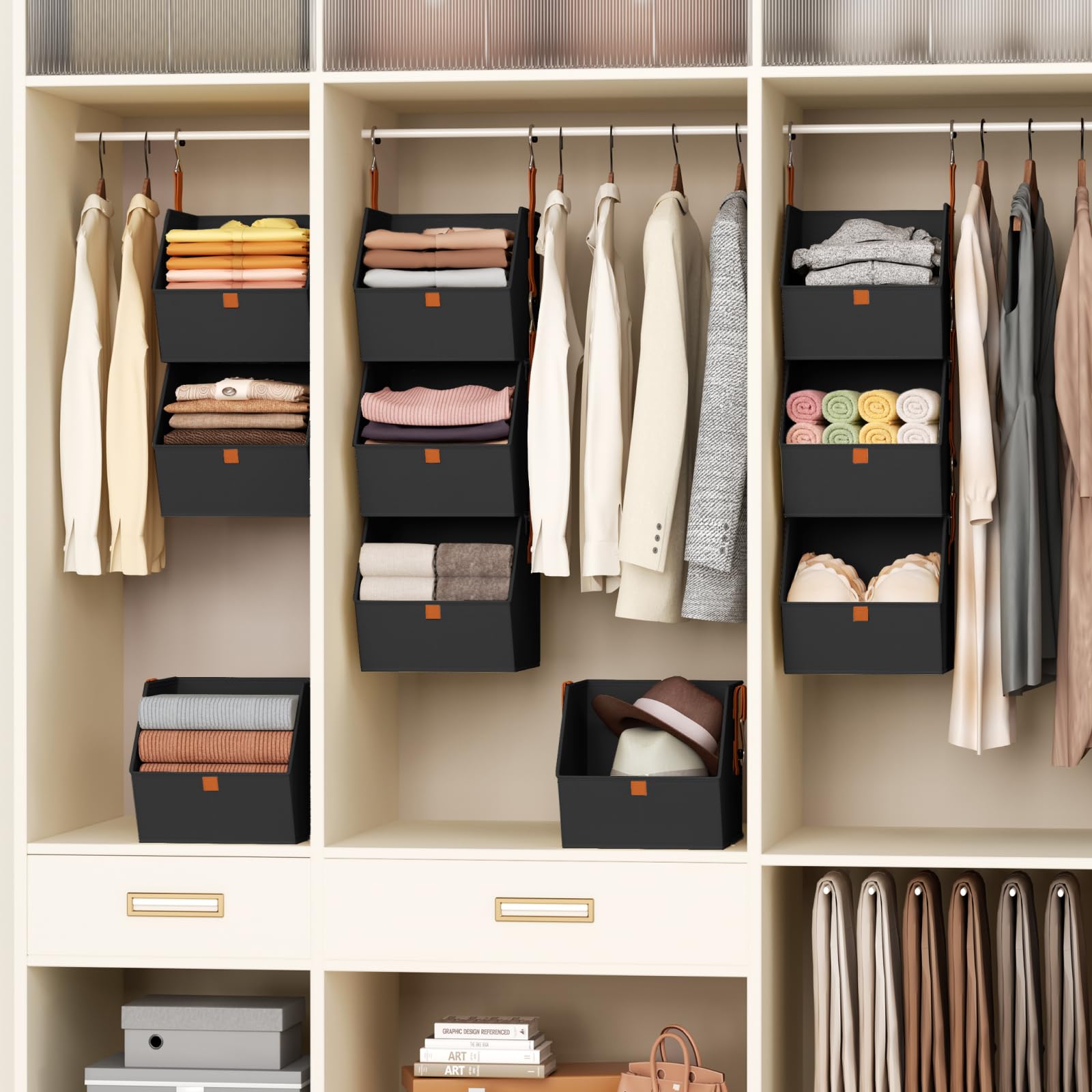 Homsorout Hanging Closet Organizer 4 Tier - Clothes Hanging Shelves, Space-Saving Closet System, Fabric Storage Bins Bedroom Organization, Collapsible Baskets for Home, Dorm, Rv, Beige
