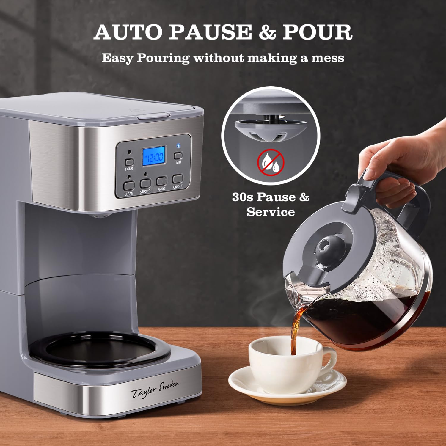 Taylor Swoden 12-Cup Programmable Coffee Maker, Regular & Strong Brew Drip Coffee Machine for Home and Office, Glass Carafe, Pause & Serve, Auto Shut Off, Black & Stainless Steel