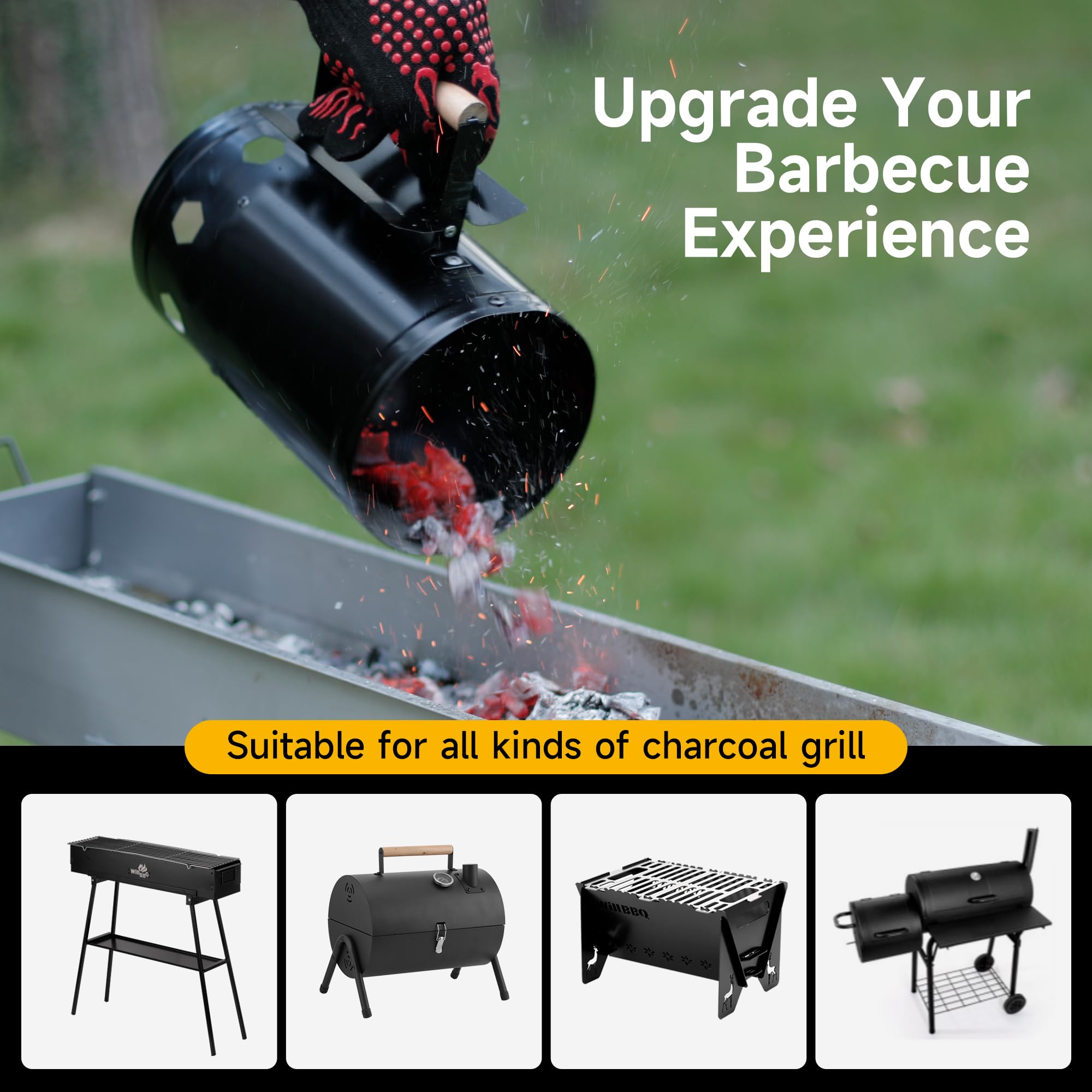 WILLBBQ Charcoal Chimney Starter Great for Fireplace, BBQ, Fire Pits, Barbecues, Chimineas, Campfires, Pizza Ovens - Zinc Steel BBQ Kit, 20 Starters, Heat Resistant Gloves Blower (Bright Black)