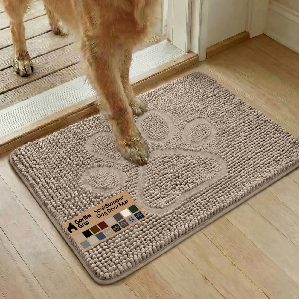 GORILLA GRIP SoakSTOPPER Dog Door Mat, Machine Washable Rug Absorbent Doormat Captures Moisture Mud Dirt, Quick Dry Soft Chenille Entryway Rugs Indoor Entrance Mats for Dog Paws, 24x17 Grey