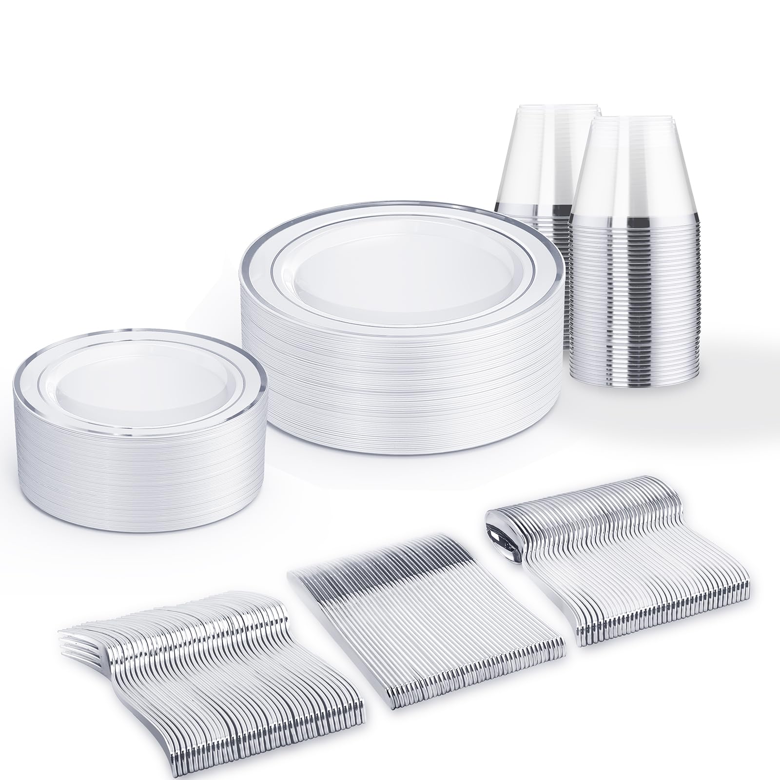 WELLIFE 600 PCS Silver Disposable Dinnerware Set for 100 Guests, Wedding Reception Plates & Silver Plastic Tableware, Dinner & Salad Plates, Cups, Forks, Knives & Spoons for Weddings & Elegant Events