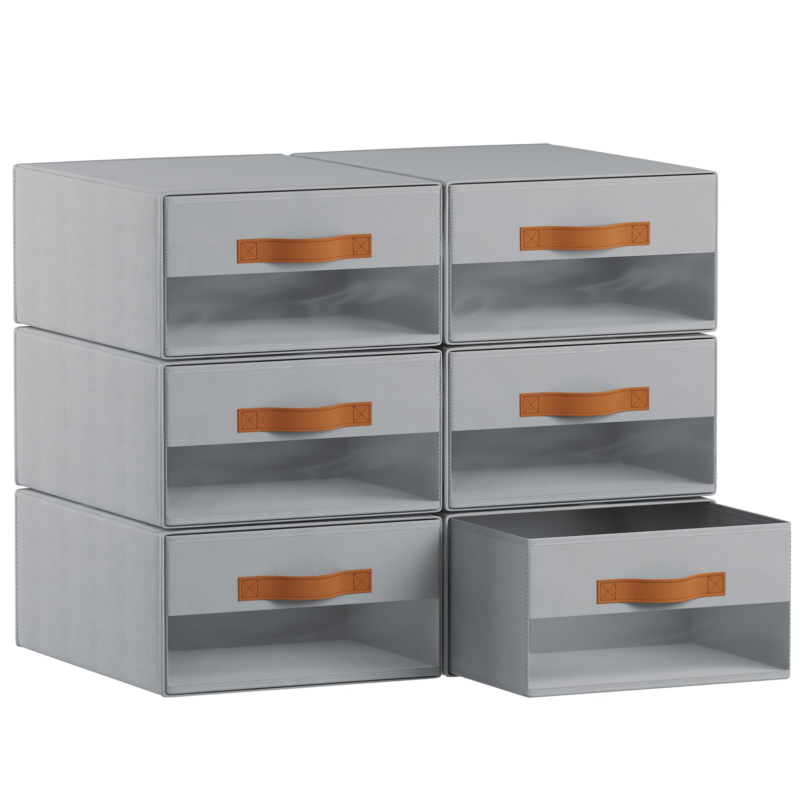 Homsorout Large Closet Storage Bins - 6 Pack Pull-Out Stackable Fabric Boxes with Clear Window, Foldable Closet Visible Storage Container for Bedroom, Living Room, Home Shelves, Grey