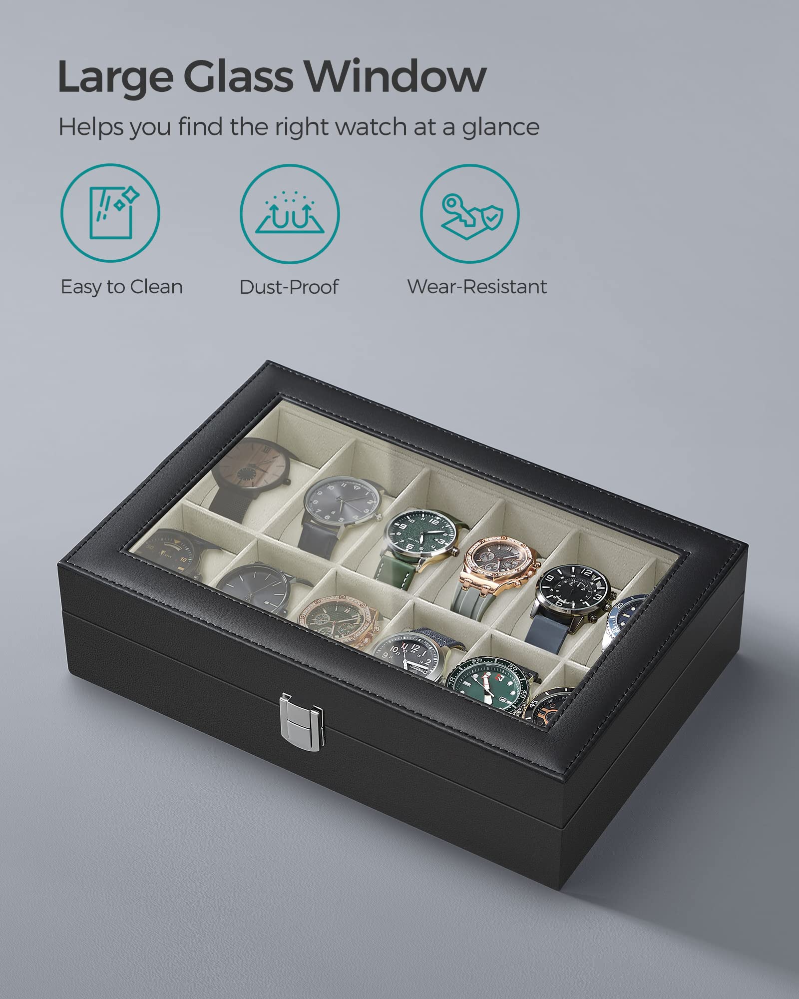 SONGMICS Watch Box, 12-Slot Watch Case Organizer with Large Glass Lid, Removable Pillows, Gift for Loved Ones, Black Synthetic Leather, Gray Lining UJWB12BK