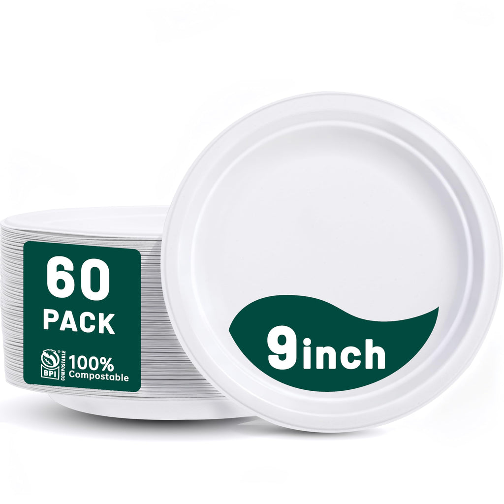 DaYammi 100% Compostable Oval Paper Plates 12 Inch, 60-Pack Heavy Duty Paper Plates Bulk,Biodegradable Bagasse,Eco-Friendly Disposable Dinner Plate for BBQ,Picnic,Party (BPI Certified,Microwaveable)