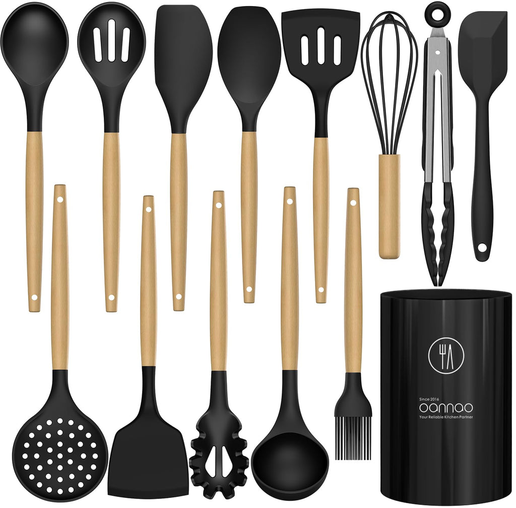 oannao Silicone Cooking Utensils Kitchen Utensil Set - 446°F Heat Resistant Silicone Kitchen Utensils Set, Spatula,Turner Tongs, Spoon, Whisk,Kitchen Gadgets for Nonstick Cookware, BPA Free (Gray)
