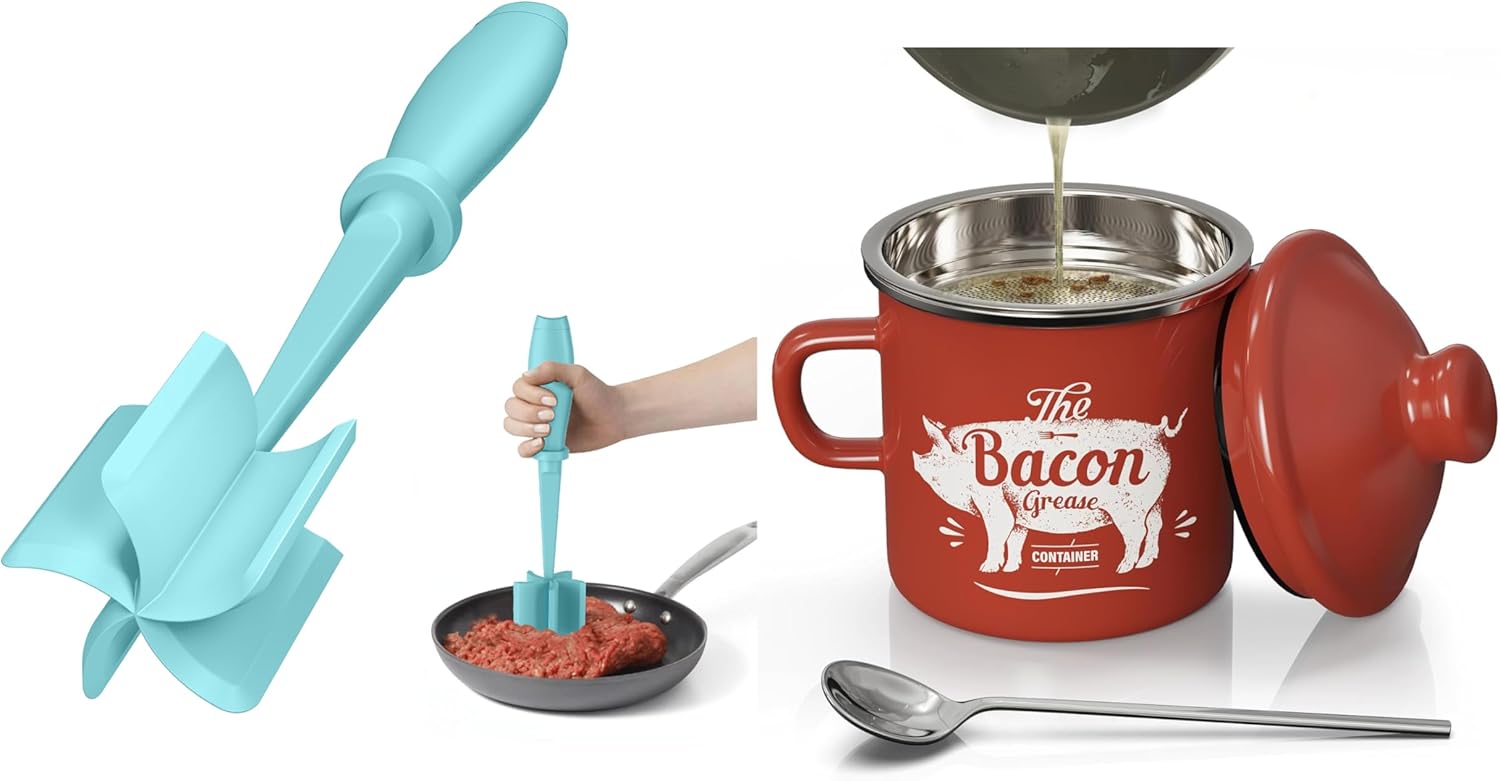 Blue Meat Chopper and Red Mini 15OZ Bacon Grease Container