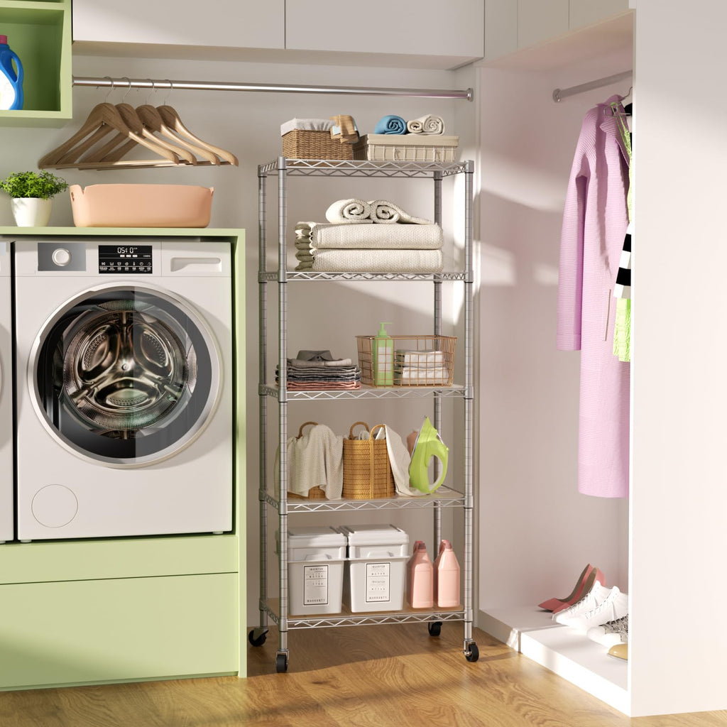 SINGAYE 3 Small Shelves Storage Shelf Wire Shelving Unit Metal Shelf Adjustable Organizers Storage Shelving with Wheels for Bathroom Laundry Room Kitchen Pantry11.5”D x 17.5”W x 30.5”H White