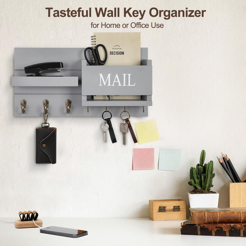 Mail Organizer for Wall Mount – Key Holder with Shelf Includes Letter Holder and Hooks for Hallway Farmhouse Decor – Rustic Wood with Flush Mounting Hardware (16.5” x 9.1” x 3.4”) (White)