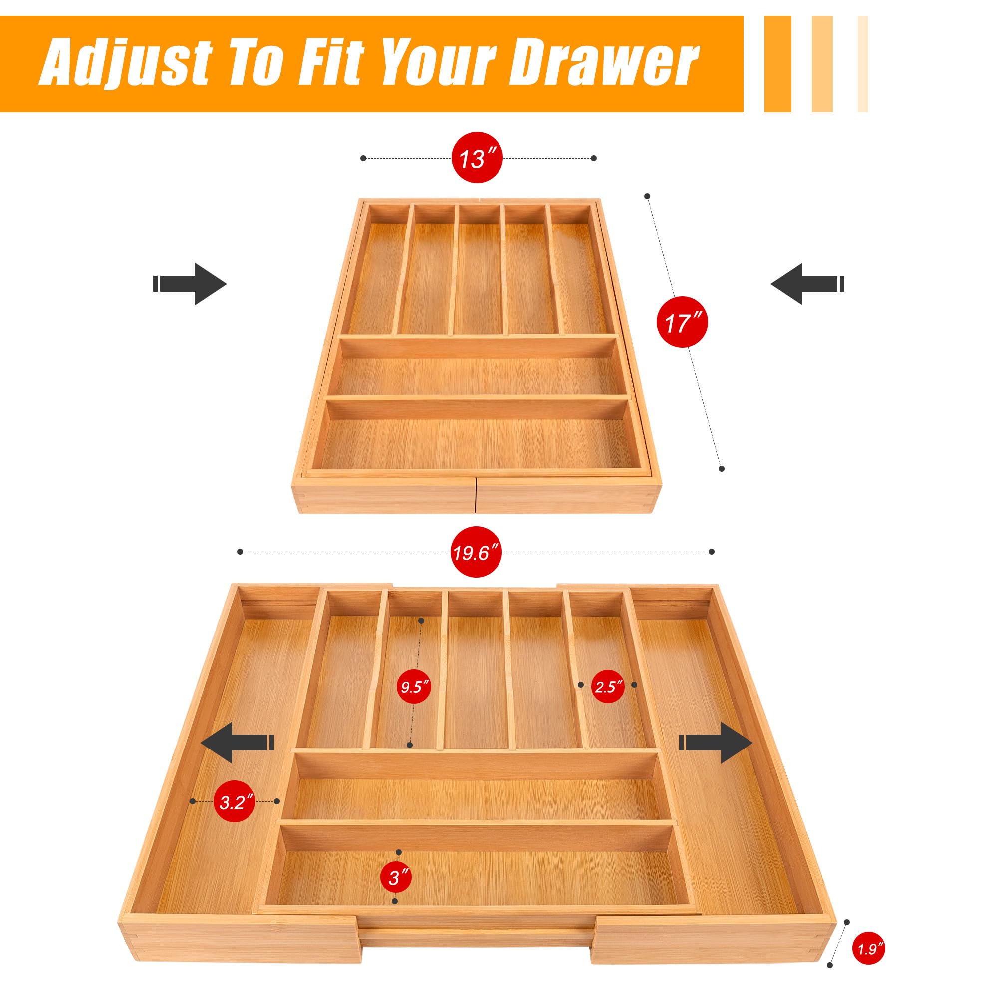 Bellsal Silverware Organizer Kitchen Drawer Organizer Expandable Bamboo Utensil Holder Cutlery Tray for Kitchen Utensil and Flatware Bedroom Office