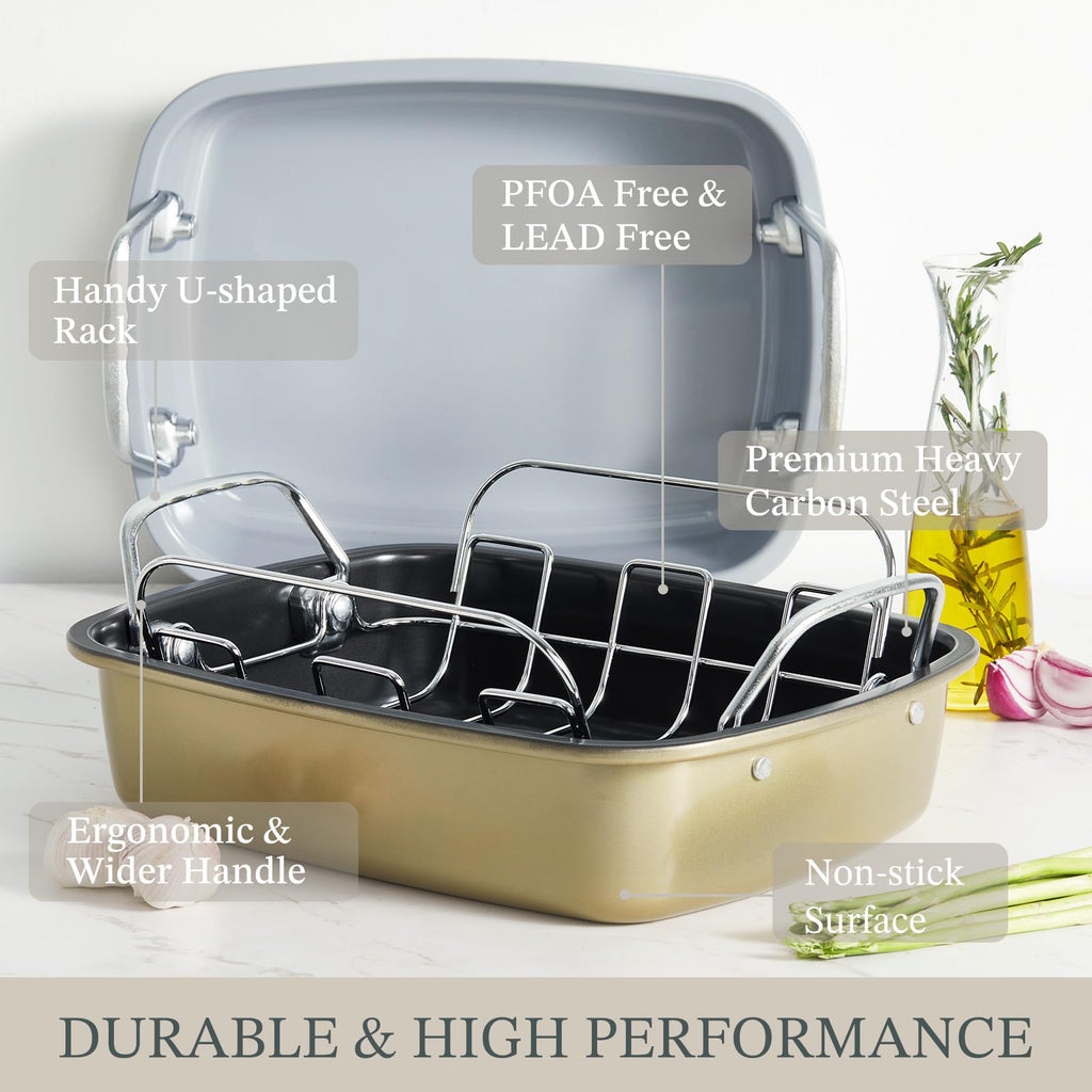 KITESSENSU Large Roasting Pan with Rack - 25 LB Nonstick Turkey Roaster Pan for Oven - Heavy Duty Carbon Steel Roasting Pan with Wider Handles for Chicken, Vegetables & Holiday Meals, Cream