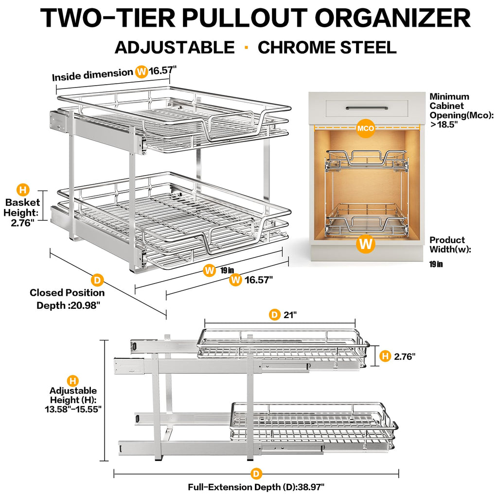 2-Tier Kitchen Cabinet,Pull Out Cabinet Organizer,Shelf and Drawer Organizer Slide Out Pantry Storaqe Basket in Multiple Sizes (12" W x21 D)