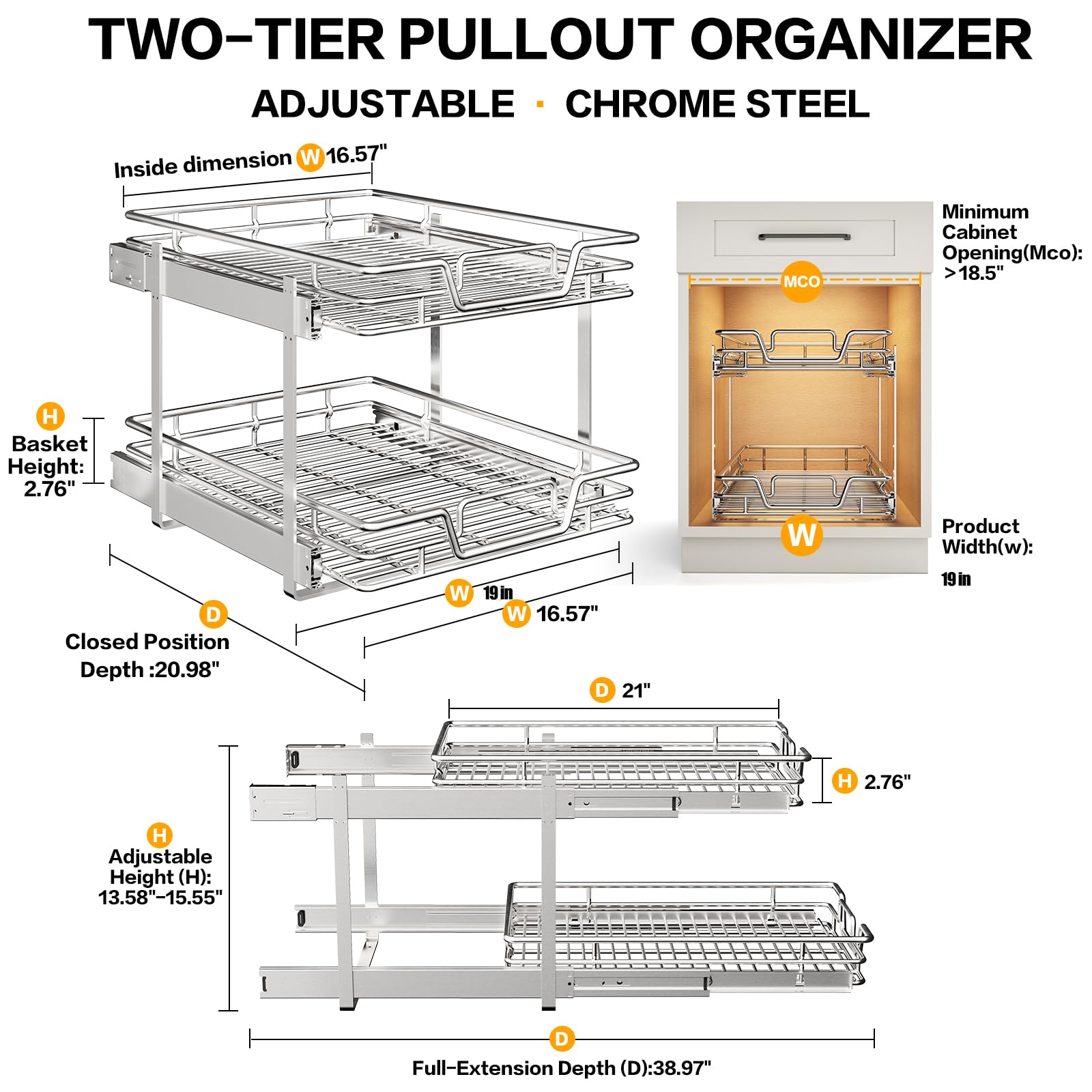2-Tier Kitchen Cabinet,Pull Out Cabinet Organizer,Shelf and Drawer Organizer Slide Out Pantry Storaqe Basket in Multiple Sizes (12" W x21 D)
