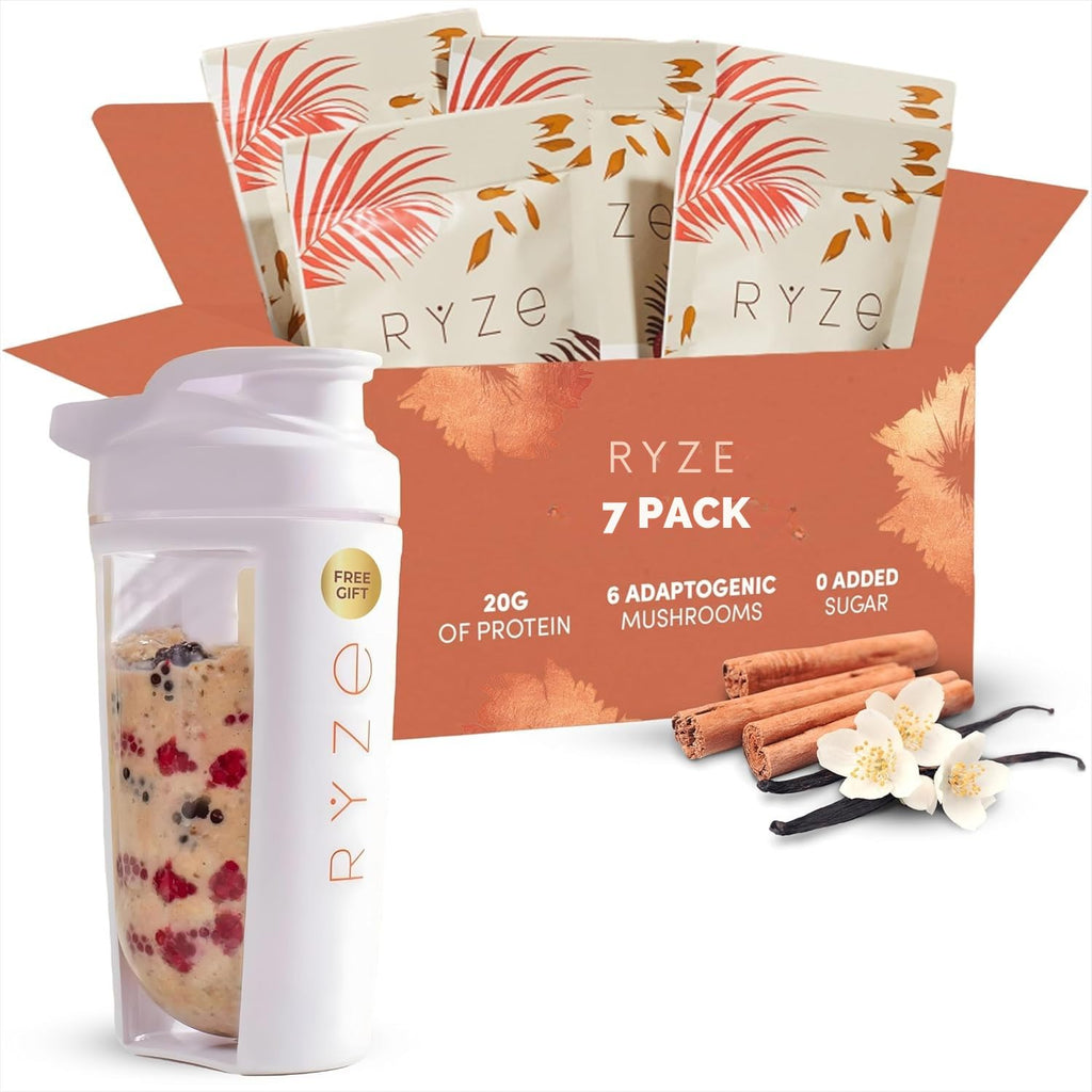 RYZE SUPERFOODS Mushroom Protein Overnight Oats, Oatmeal with 6 Adaptogenic Mushrooms and 20g Grass-Fed Whey Protein & Chia Seeds, Lions Mane, Turkey Tail, Shiitake, Reishi, Healthy Breakfast. 14 Servings.