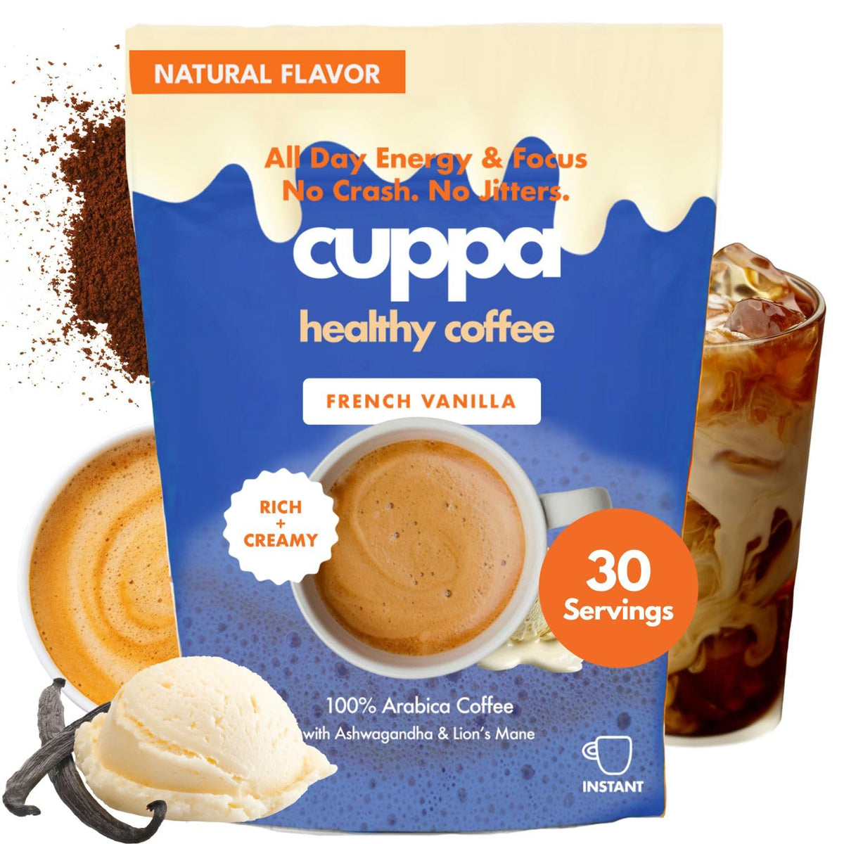 Cuppa Medium Roast Mushroom Coffee with Adaptogens & Superfoods - Lion’s Mane, Ashwagandha & Cordyceps. Adaptogens + MCT to support natural energy, mental focus & gut health (30 Servings)