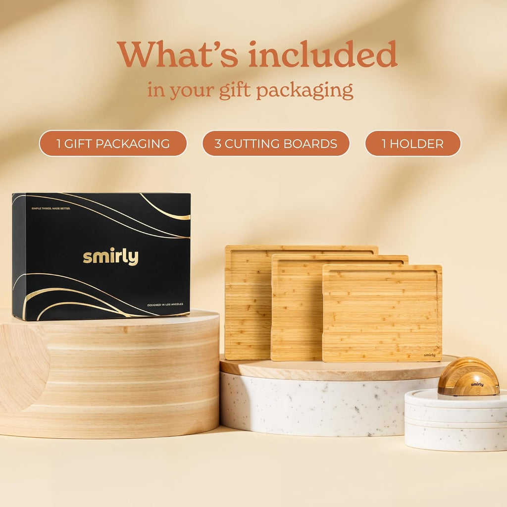 SMIRLY Wooden Cutting Boards For Kitchen Meal Prep & Serving - Bamboo Cutting Board Set with Holder, Charcuterie & Chopping Board, Wood Cutting Board Set, Kitchen Gadgets