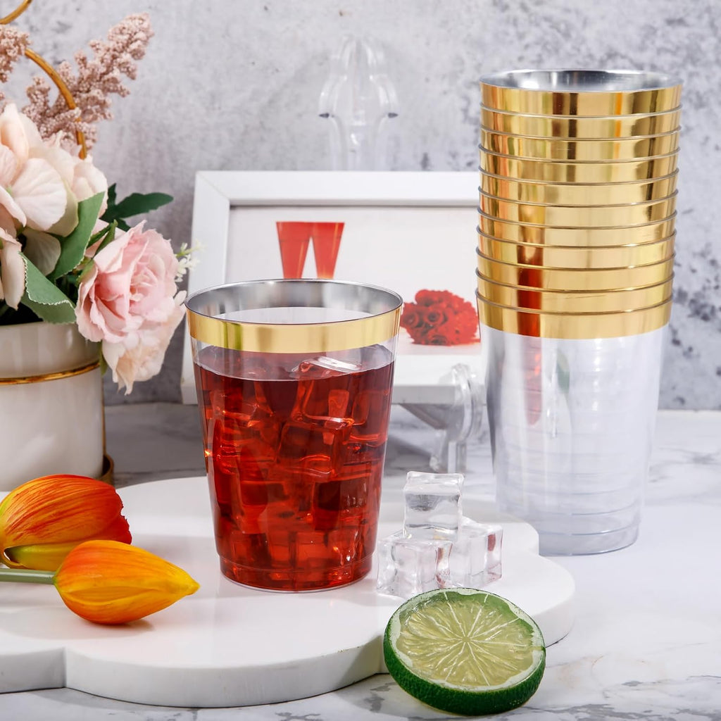 DaYammi 150Pcs White and Gold Plastic Plates with Disposable Silverware and 200Pcs Gold Plastic Cups for Party, Fancy Plates Set and Clear Gold Rimmed Cups for all occasions
