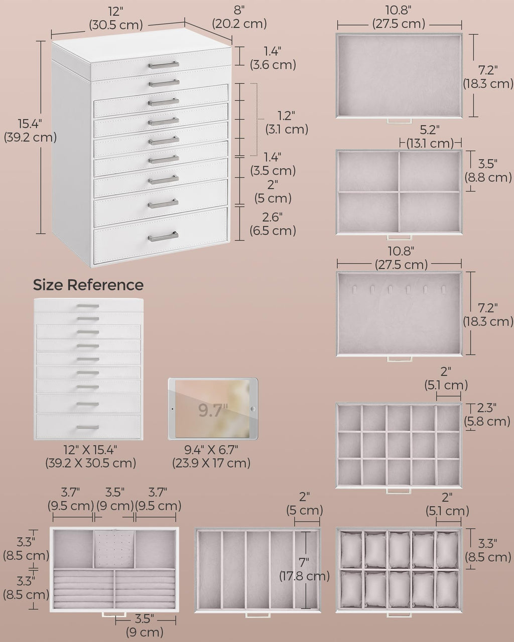 SONGMICS 3-Tier Jewelry Box, Travel Jewelry Case with Handle, 2 Drawers, Lockable Jewelry Organizer with Mirror, Jewelry Storage, Modern Style, Gift for Loved Ones, White UJBC154W01