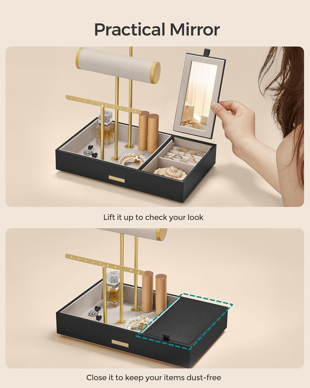 SONGMICS Jewelry Holder, Jewelry Organizer, Jewelry Display Stand, Metal Earring Organizer with Mirror, with Necklace Earring Bracelet Holder, for Rings, Gift Idea, Black and Gold UJJS022B01V1