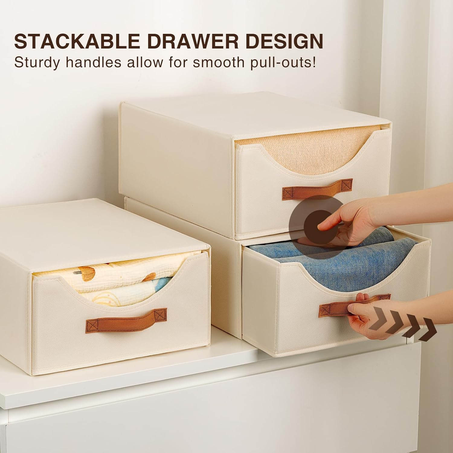 Homsorout Closet Organizers and Storage - Large Stackable Storage Bins with Drawer, Fabric Bins for Organization, Collapsible Drawer Organizer Clothes for Bedroom, Living Room, 4 Pack, Beige