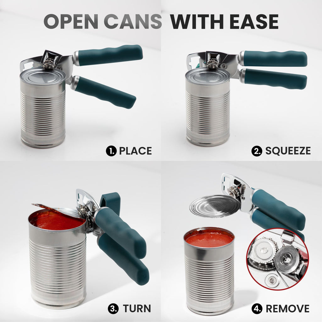 Zulay Kitchen COMFY™ Can Opener Manual with Bottle Opener - Rust Proof Stainless Steel Manual Can Opener With Turn Knob & Comfy Soft Grip Handles - Black