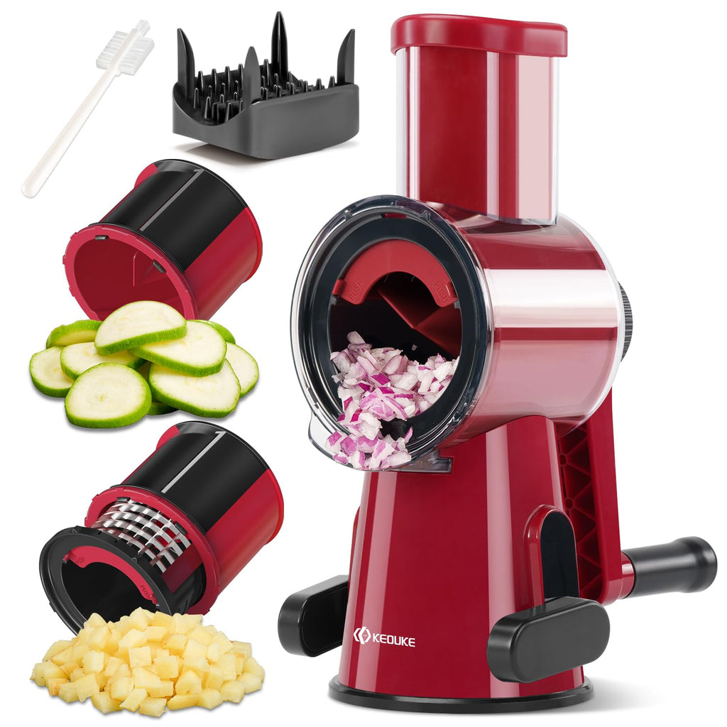 KEOUKE Hand Crank Vegetable Chopper & Slicer Red - 2 in 1 Manual Vegetable Cutter with Cleaning Tools, Non-Slip Suction Base, Safety Pusher, Labor-Saving, for Potato, Carrot, Onion, etc
