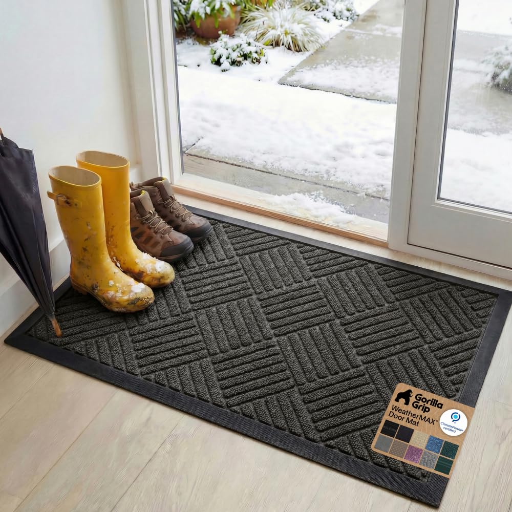 GORILLA GRIP 100% Waterproof All-Season WeatherMAX Doormat US Designed Natural Rubber, Stain Fade Resistant, Low Profile Indoor Outdoor Front Door Mats Outside Entrance, Easy Clean 29x17 Gray Diamond