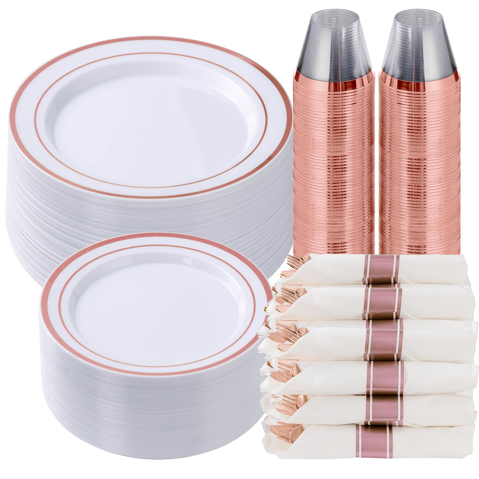 Goodluck 350 Piece Silver Plastic Dinnerware Set for 50 Guests, Fancy Disposable Plates for Party, Include: 50 Dinner Plates, 50 Dessert Plates, 50 Pre Rolled Napkins with Silver Silverware, 50 Cups