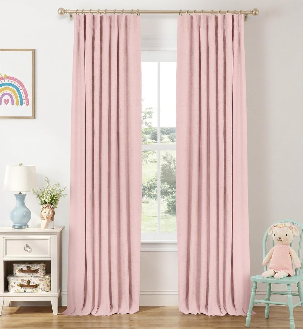 INOVADAY 100% Blackout Curtains for Bedroom, Black Out Curtains 84 Inch Long, Clip Rings Linen Blackout Drapes, Thermal Insulated Room Darkening for Living Room, 2 Panels - Beige,W50xL84