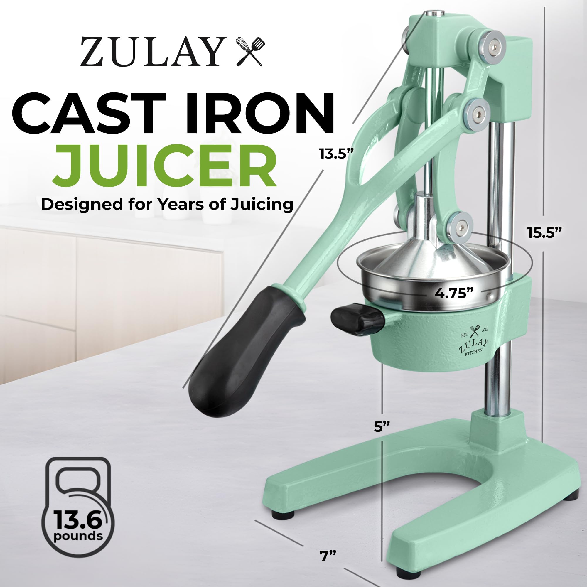 Zulay Kitchen Cast Iron Juicer - Easy-to-Clean Heavy-Duty Manual Juicer, Professional Citrus Juicer - Stainless Steel Lemon Squeezer - Manual Citrus Press & Orange Squeezer - Orange Juicer (Black)