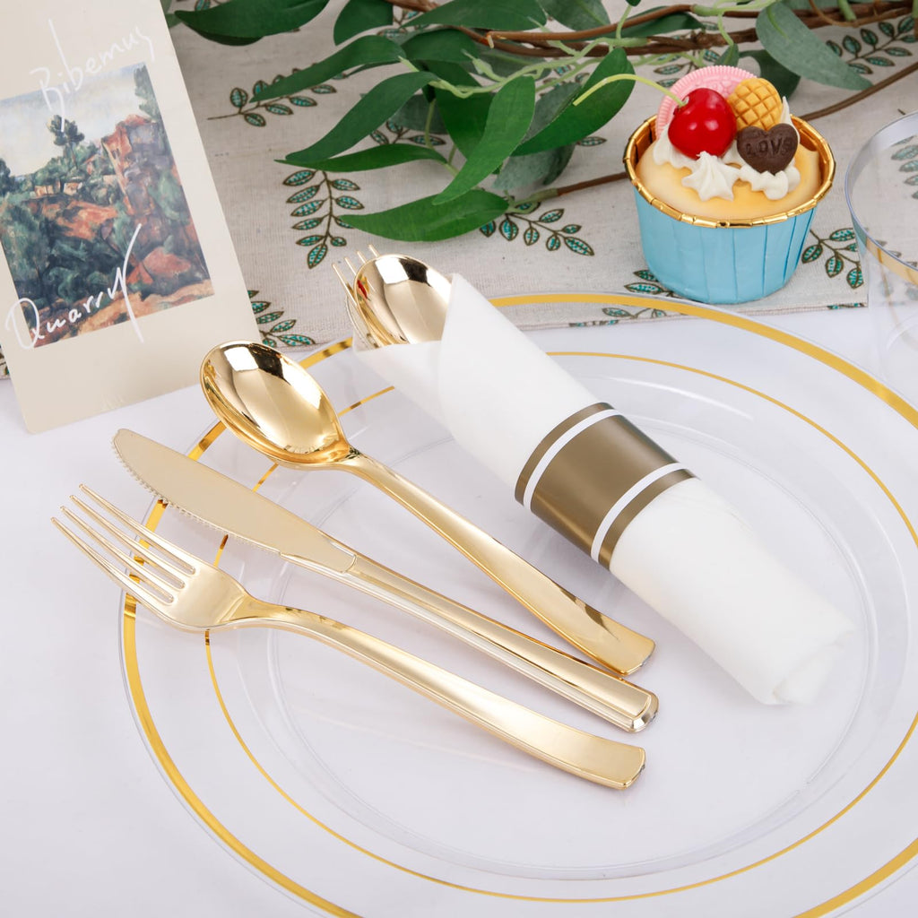 DaYammi 350PCS Gold Plastic Dinnerware Set for 50 Guests, Fancy Disposable Plates for Party, Include: 50 Dinner Plates, 50 Dessert Plates, 50 Pre Rolled Napkins with Gold Silverware, 50 Cups